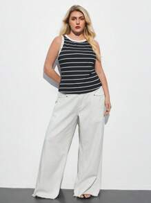 Maija 大码女式纽扣细节条纹圆领背心，适合夏季优雅时尚波西米亚海滩度假风格休闲夏季短款上衣，西部风商务休闲外出度假办公室