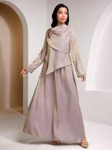 Veilorie 2pcs Women Asymmetric Layered Metal Buckle Glossy Top And Skirt Set