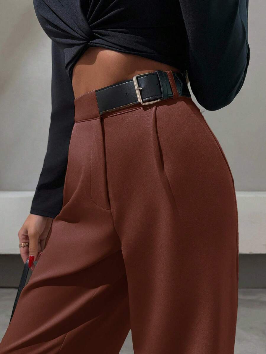 SHEIN Tall Tall Size Brown Belted Extra Long Straight Leg Woven Fabric Pants For Women - Brown - View 1