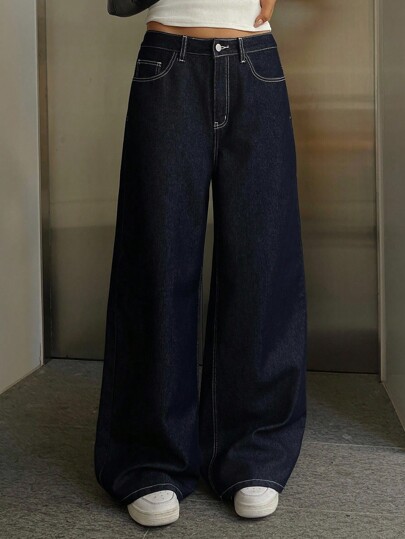 DAZY High Waist Wide Leg Loose Fit Draped Jeans For Women,