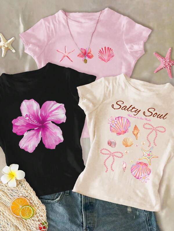 3pcs/Set Teen Girls Casual Tropical Hibiscus, Frangipani, Starfish & Seashell Print Tight Fit Crew Neck Short Sleeve High Waist Cropped Regular T-Shirts, Suitable For Summer