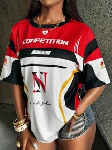 Rovax Maglietta da donna a maniche corte con scollo rotondo, tinta unita e dettagli a contrasto, maglietta da corsa fresca, maglietta per gare automobilistiche - Multicolore - Visualizzare 4