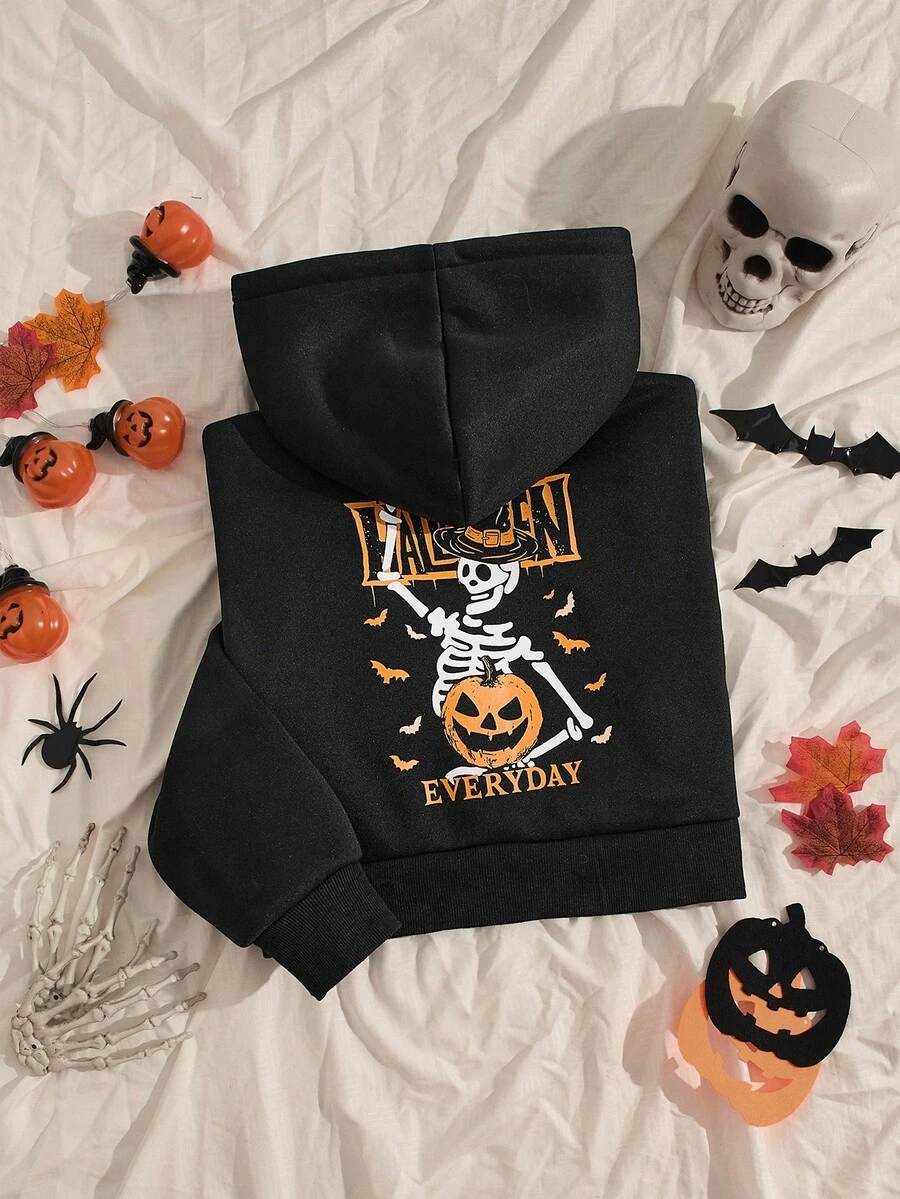 Unity Women's Halloween Pattern Printed Loose Casual Short Hoodie,Suitable For Halloween Parties - 黑色 - 查看 1