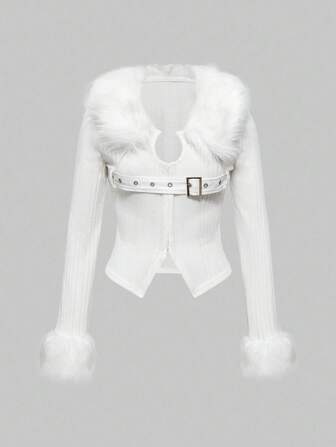 EDITION Y2K Romantic Punk Fur Collar Eyelet Design Fitted Cardigan For Women