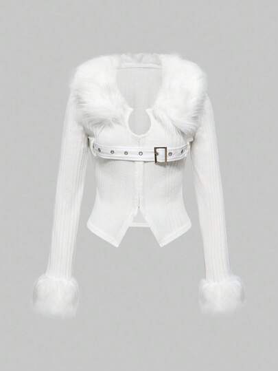 EDITION Cárdigan ajustado con diseño de ojales y cuello de piel estilo romántico punk Y2K para mujeres