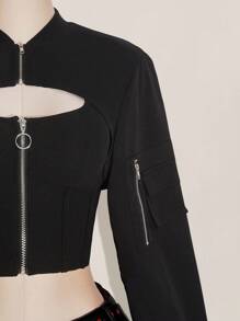 SHEIN ICON 大码翻盖口袋拉链超短款夹克（不含吊带背心） - 黑色 - 查看 6