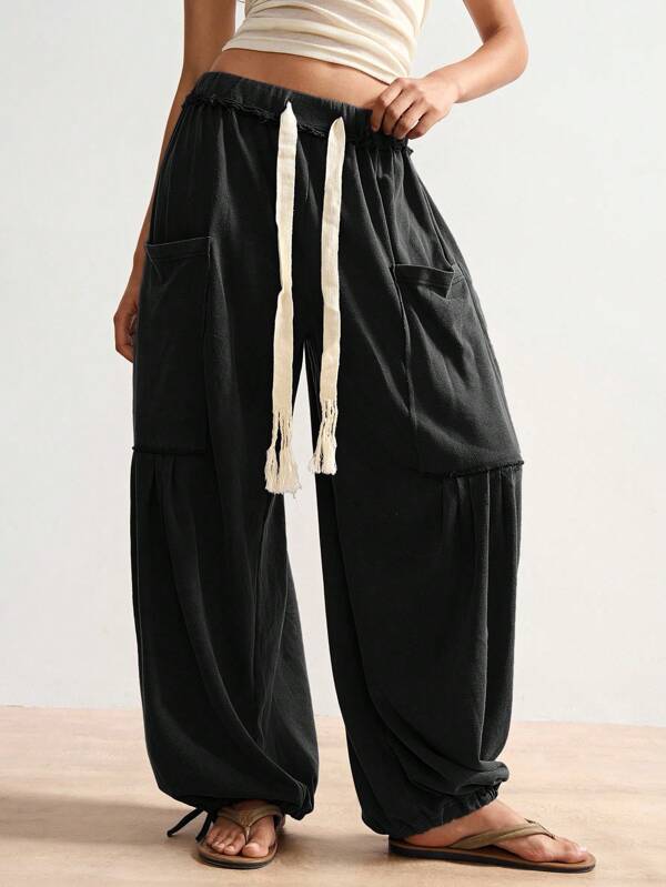 Bohemela Boho Solid Color Knit Loose Casual Pants For Women, Suitable For Independence Day & Vacation Drawstring Pants Oversized Pants Loose Pants