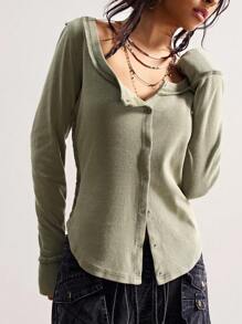 Bohemela Áo thun dệt trơn cổ điển dành cho nữ, phong cách Bohemian giản dị ngày độc lập, mùa thu - xanh quân đội - Xem 1