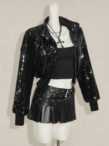 SHEIN ICON 女士性感街头亮片立领短款宽松夹棉大衣 - 黑色 - 查看 3