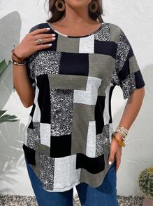 EMERY ROSE Plus Size Casual Colorblock Geometric Print Short Sleeve T-Shirt - Grey - View 3