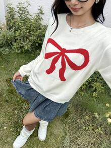 SHEIN Teenager Mädchen Lässig Pullover Sweater, bequemer Allround Rundhals Schleife Jacquard Design