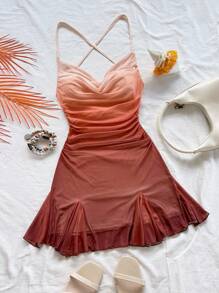 Soleia Women's Vacation Spaghetti Strap Mini Dress, Draped Neck, Backless, Bowknot, Fishtail, Sexy Style, Mini Dress, Tea Length, Shopping, Romantic, Date, Beach Outfit, Mesh, Young, Girlish Vacation Dress Sunset Dress Ombre Dress Summer Vacation Dress - Multicolor - View 3