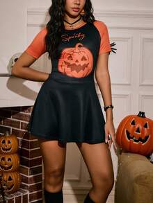 Miss Vinta Women's Halloween Contrast Color Pumpkin Print Raglan Sleeve Round Neck Nightgown Dress, For Halloween Party - Black - View 5