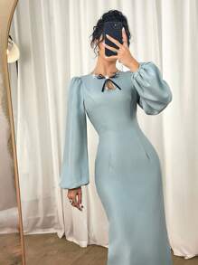 Modelyn Women's Lantern Sleeve Fashion Bow Decor Fitted Split Hem  Fall Clothes For Women  Wedding Guest Dress Elegant - Mint Green - View 2