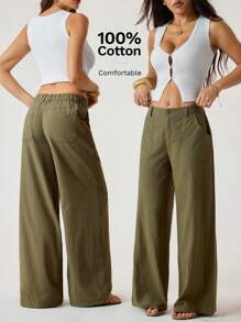 SHEIN Tall 100% 水洗纯棉低腰直筒裤 - 軍綠色 - 查看 2