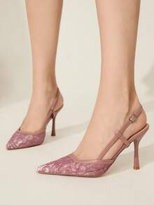 CUCCOO CHICEST Cuccoo 女士时尚优雅蕾丝高跟鞋 - 淺灰紫 - 查看 3