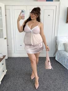 SHEIN EZwear Plus Size Contrast Color Spaghetti Strap Lace Patchwork Sleeveless Summer Camisole Babydoll Camisole Pink Lace Camisole Embroidered Camisole