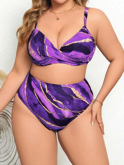 Swim Lushoire Plus Size Women Abstract Tie Dye Print Twist Front Bikini Set For Summer Beach Vacation