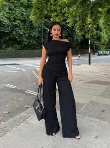 NegzBox Conjunto de dos piezas para mujer con top asimétrico de textura elástica blanca y pantalones de pierna ancha con cintura elástica, casual y elegante para todas las temporadas - Negro - Ver 5