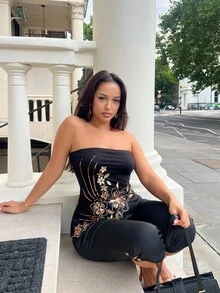 NegzBox Y2k Summer Women Going Out Vintage Boho Fashion Vacation Glitter Embroidered Sparkly Sequin Black Asymmetric Hem Embroidered Bandeau Top, Fashion - Black - View 5