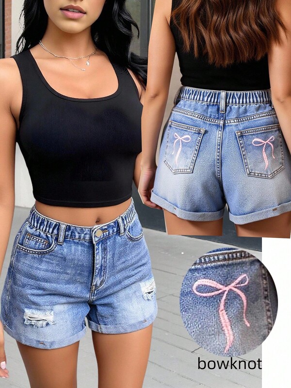 Teen Girl Casual Denim Shorts, Sweet Pink Bow Print, Mid-Waist, Loose Straight Leg, Distressed Wash, Street Style