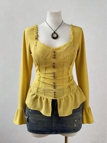 Flirla 大码女式浪漫扎染花卉蕾丝边纽扣衬衫 - 黃色 - 查看 6