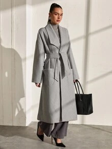 CLARA VERO Women's Solid Color, Belted, Long Overcoat - Grey - View 1
