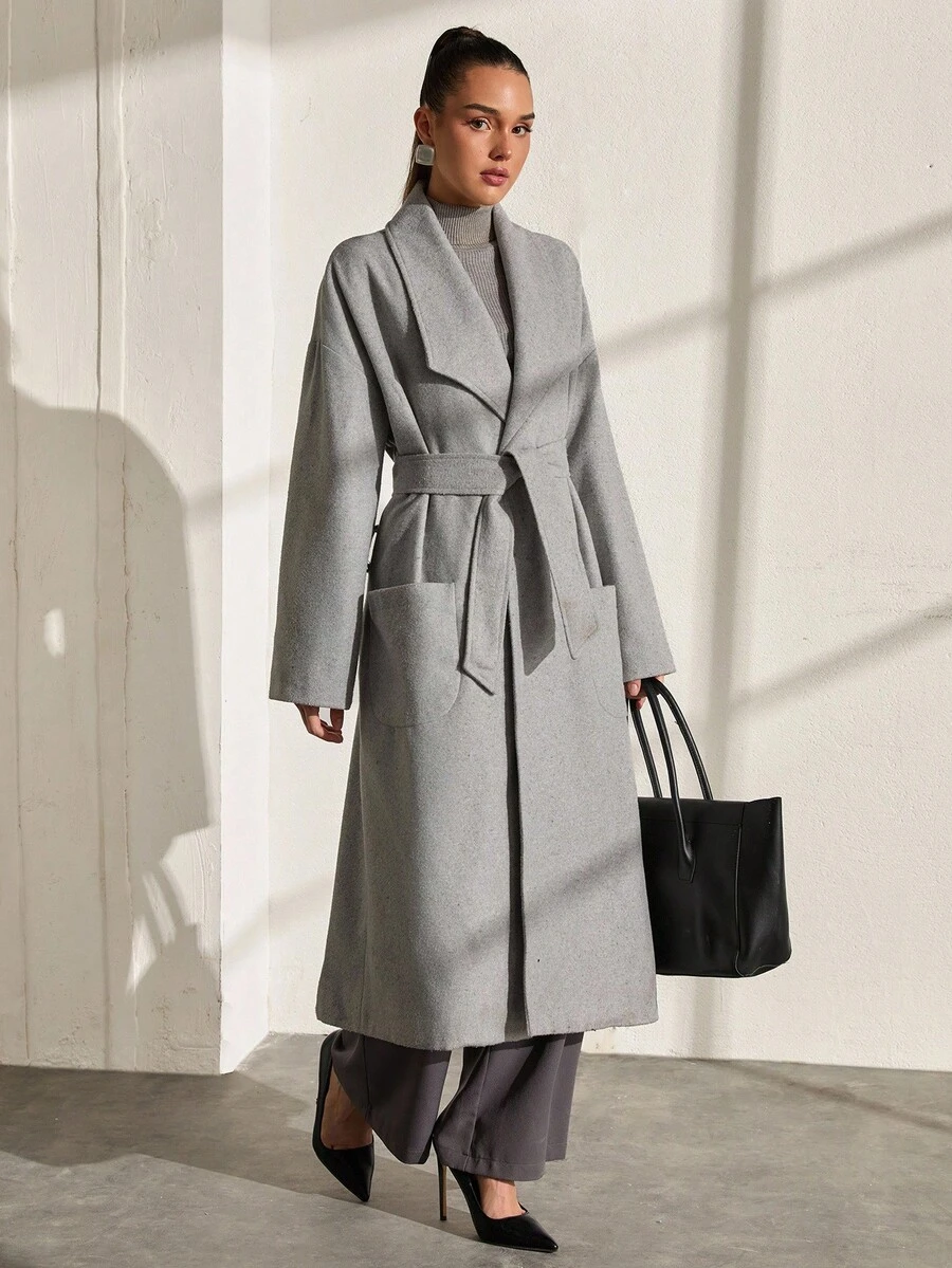 CLARA VERO Women's Solid Color, Belted, Long Overcoat - Grey - View 1