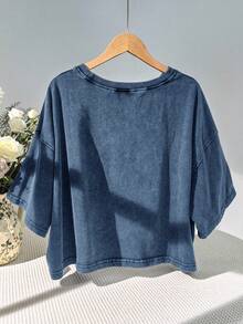 SHEIN EZwear Plus Size Washed Cotton Snowflake Short Sleeve T-Shirt, Navy Blue, Spring Women Denim Tops Baggy Crop Top