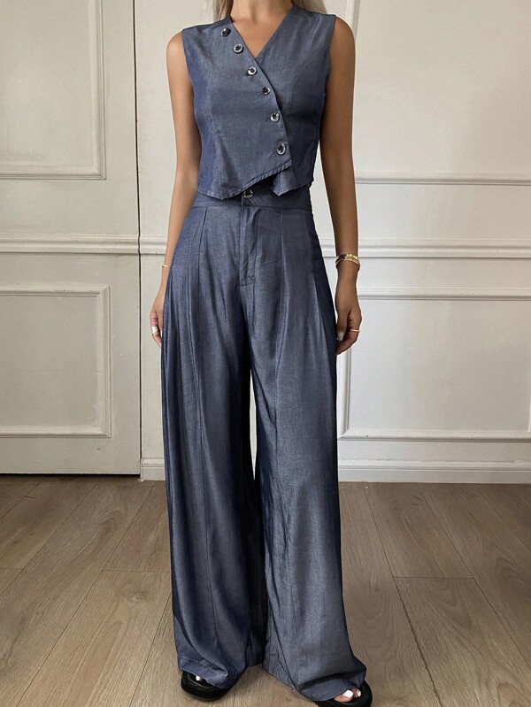 DAZY 2pcs Women's Casual Solid Color V-Neck Vest And Wide Leg Floor Length Pants Set