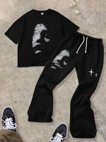 Bộ đồ 2 món cho bé trai tuổi teen, phong cách Y2K Hip Hop thoải mái, thường ngày, in họa tiết, cổ tròn, tay ngắn và quần short rộng, thích hợp cho mùa xuân và hè. - màu đen - Xem 2