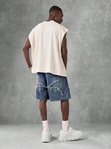 SUMWON Distressed Denim Shorts Men Ripped Raw Edge Summer Casual Knee Length Bermuda Shorts Streetwear Frayed Classic Beach Festival - Blue - View 5