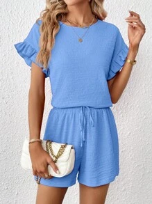 SHEIN Essnce Women's Short Sleeve Top & Elastic Waist Shorts Set, 2pcs - Blue - View 4