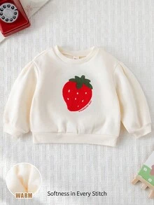 Cozy Pixies Baby Girl Strawberry Pattern Knitted Soft Round Neck Drop Shoulder Pullover Sweatshirt,In Fall/Winter - Multicolor - View 3