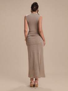 Modelyn Sleeveless High Neck Pleated Versatile Elegant Cocktail Party Dress - Khaki - View 7