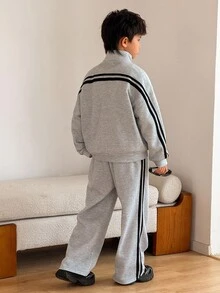 SHEIN 2 件青少年男孩休闲韩版宽松字母图案连帽衫和运动裤套装，适合通勤、上学、日常休闲装、运动、春夏秋冬