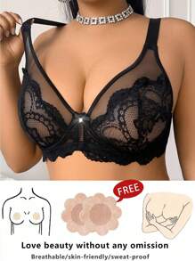 1pc Plus Size Lace Sheer Sexy Underwire Lingerie Bra - Black - View 5