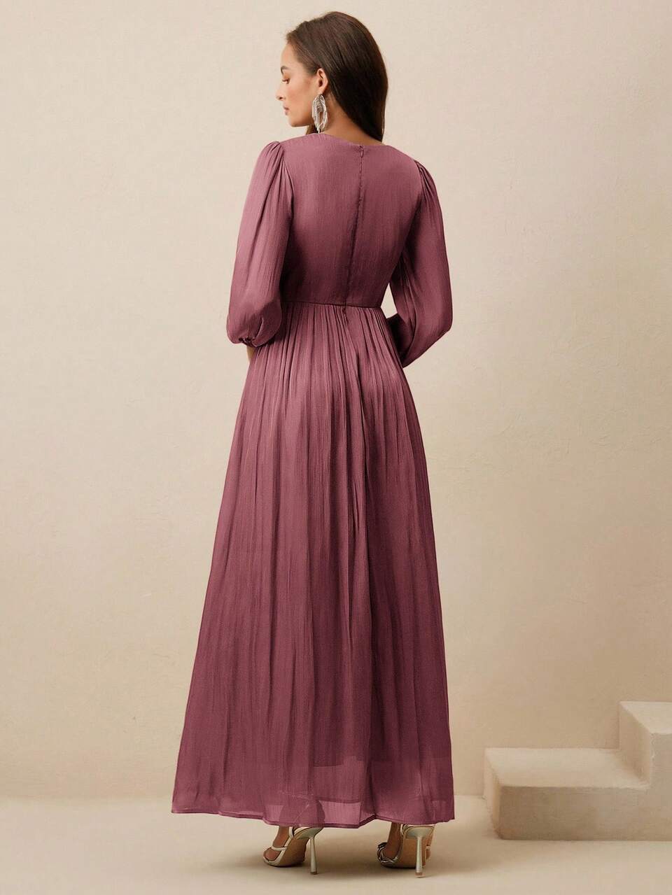 Women's Long Dress, Round Neck, Waist Ruched, Puff Sleeve, Long Sleeve, Olive Green, Glossy, Elegant & Versatile Dress