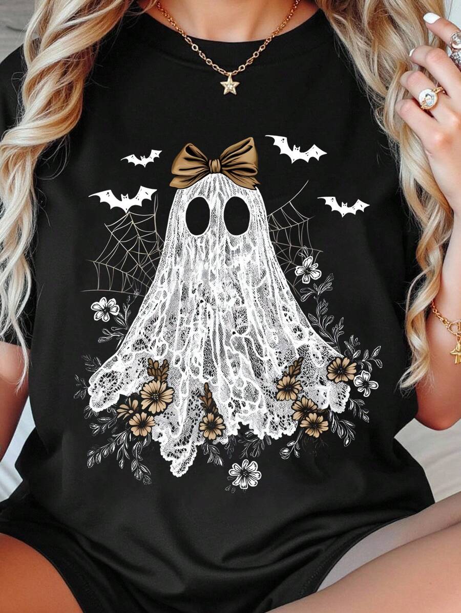 EMERY ROSE Áo thun tay ngắn in hình ma Halloween thường ngày mùa hè cỡ lớn - màu đen - Xem 1