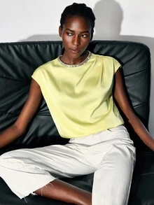 Maija 女士优雅通勤水钻装饰盖袖衬衫，夏季 - 黃色 - 查看 3