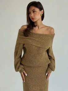 Aloruh 秋冬新款燕麦色露肩灯笼袖修身套头针织毛衣和加长美人鱼下摆中裙套装 - 杏色 - 查看 6