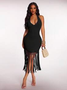 Radiana Women's Summer Boho Apricot Crochet Flowy Tassel Hem Dress, Vacation/Holiday/Beach Outfit - Black - View 5