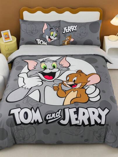 TOM & JERRY X SHEIN Juego de ropa de cama con estampado de dibujos animados y letras