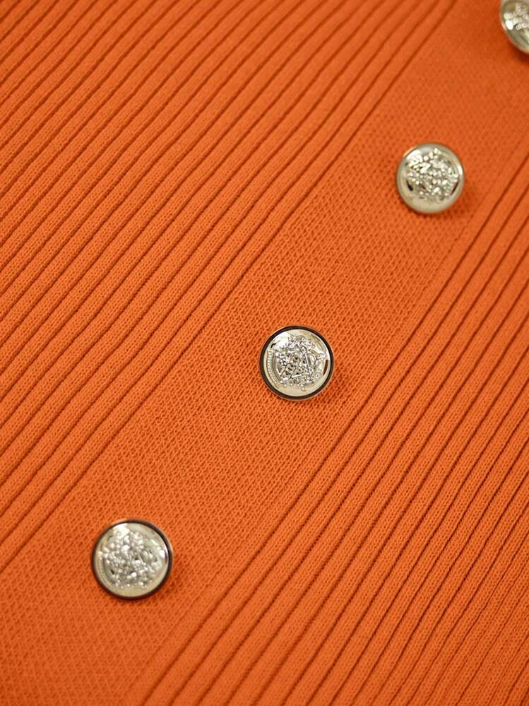 Franclia 女士优雅修身圆领短袖开衩装饰纽扣针织连衣裙，夏季大学针织毛衣 - 橘色 - 查看 7