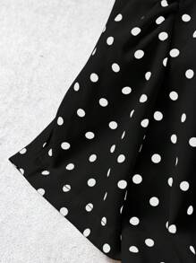 SHEIN Clasi Áo cánh tay ngắn chấm bi cổ chữ V dành cho nữ, thiết kế eo xếp ly, trang trí nút nghiêng, ôm vừa vặn, phong cách Hàn Quốc, mùa hè - màu đen - Xem 3