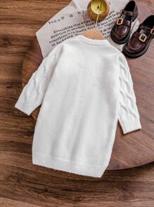 SHEIN Playful Pals 全新时尚百搭可爱蝴蝶结纯色扭绳女童套头毛衣裙 - 白色 - 查看 2