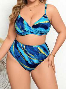 Swim Lushoire Plus Size Women Abstract Tie Dye Print Twist Front Bikini Set For Summer Beach Vacation - Blue - View 1