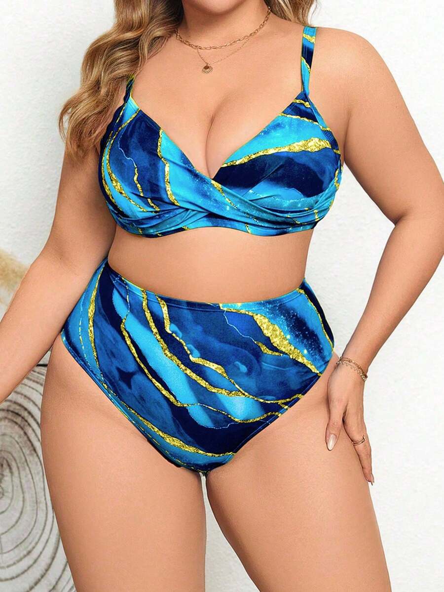Swim Lushoire Plus Size Women Abstract Tie Dye Print Twist Front Bikini Set For Summer Beach Vacation - Blue - View 1