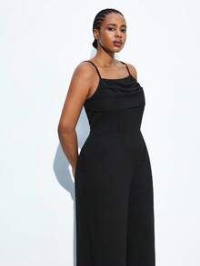 Maija Plus Size Black Sleeveless Pleated Front Wide Leg Jumpsuit,Summer Elegant Formal Evening Casual Solid Color Business Modest Vintage Teacher Outfits - Black - View 7