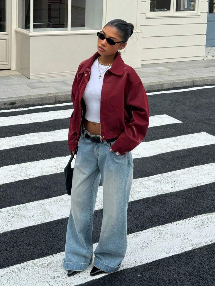 Muchica Women's Solid Color Drop Shoulder Long Sleeve Zip Front Casual Loose Jacket In Fall/Winter - Burgundy - View 5